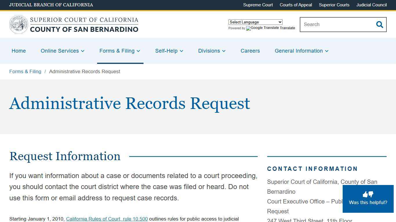 Administrative Records Request | Superior Court of California | County of San Bernardino